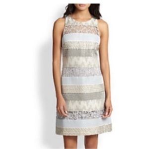 Kay Unger Lace light blue, sage and silver brocade pattern cocktail dress.